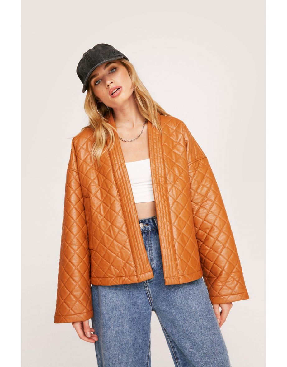 Faux Leather Quilted Open Front Relaxed Jacket