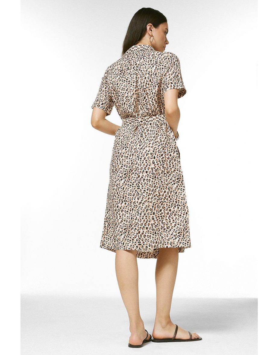 Animal Print Linen Viscose Woven Midi Shirt Dress - 2