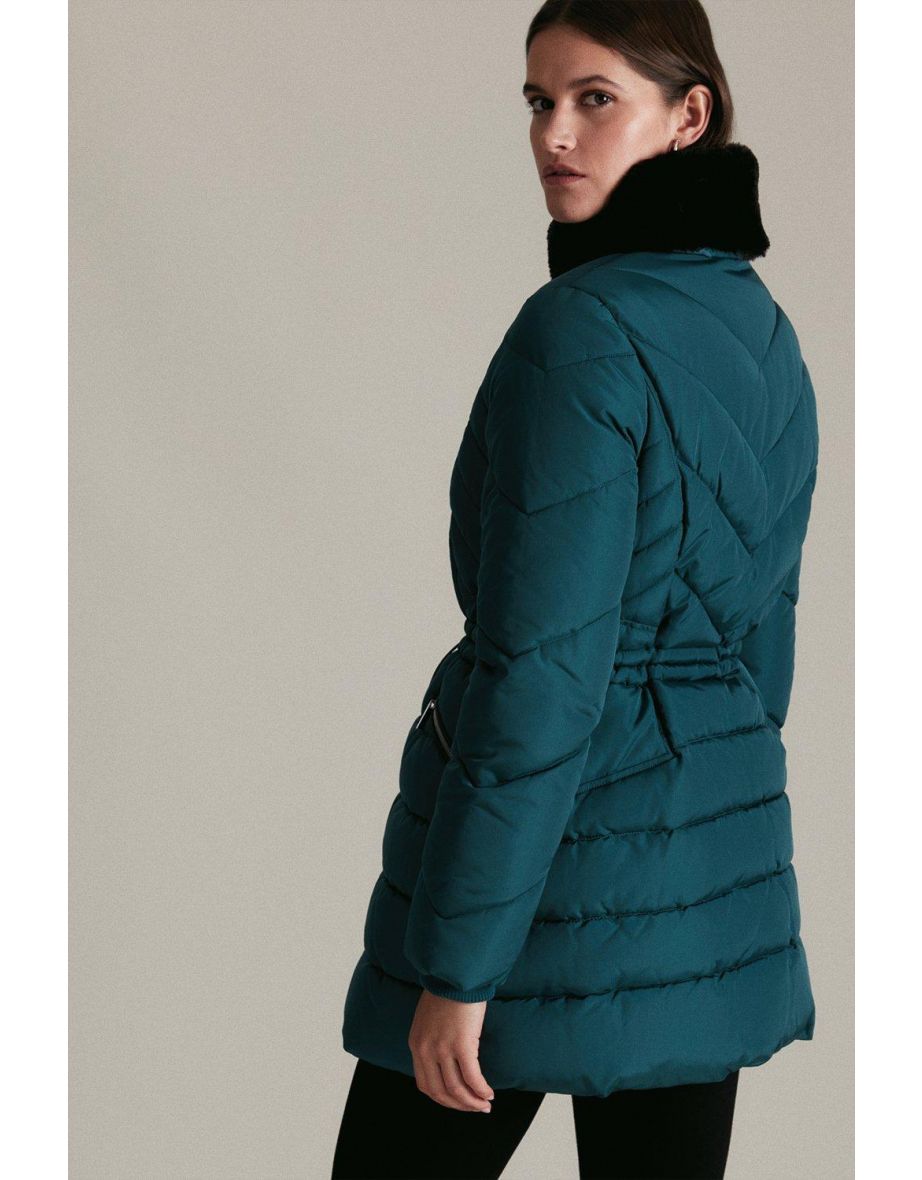 Mid Length Faux Fur Collar Padded Coat - 2