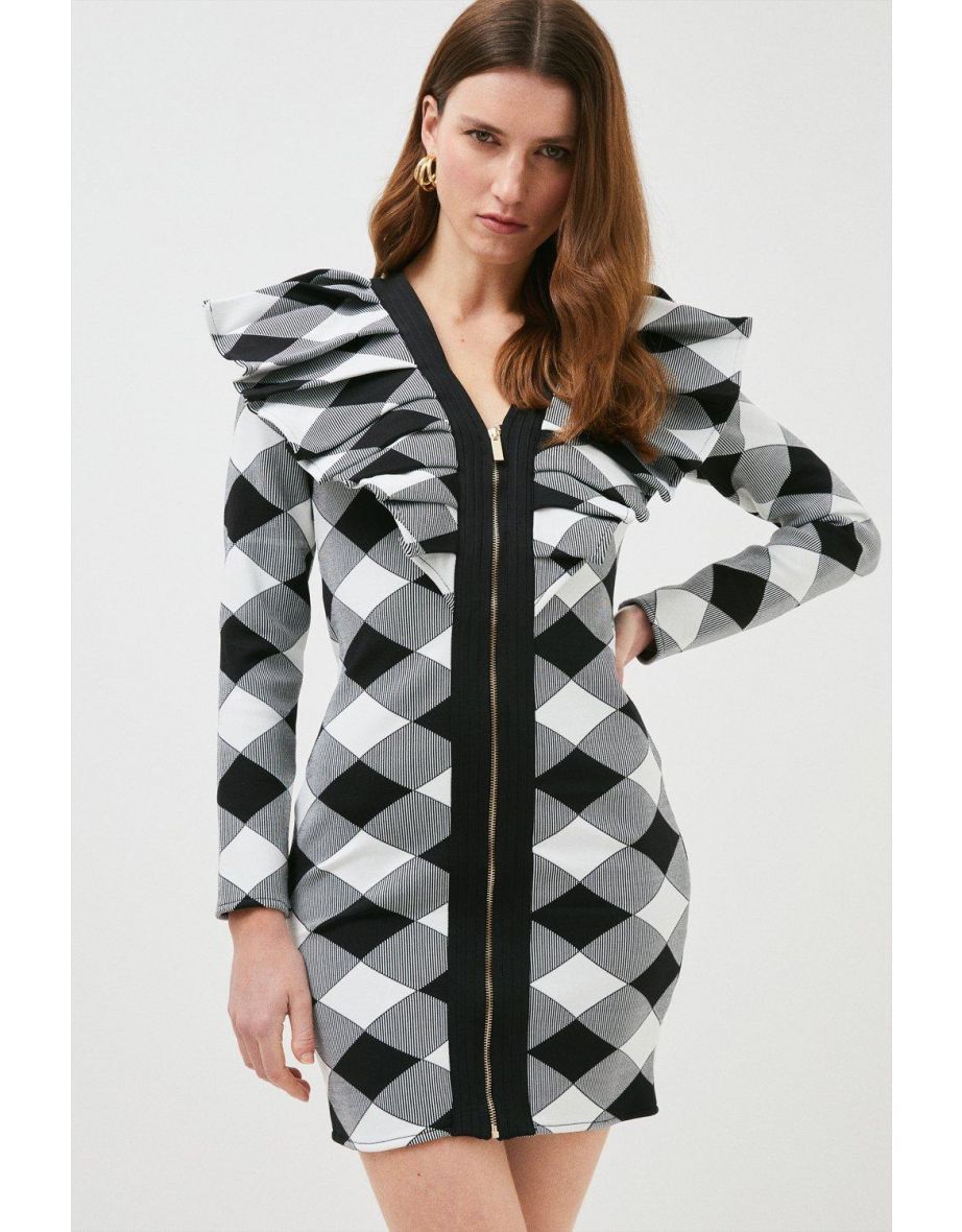 Harlequin Jacquard Ruffle Bandage Dress