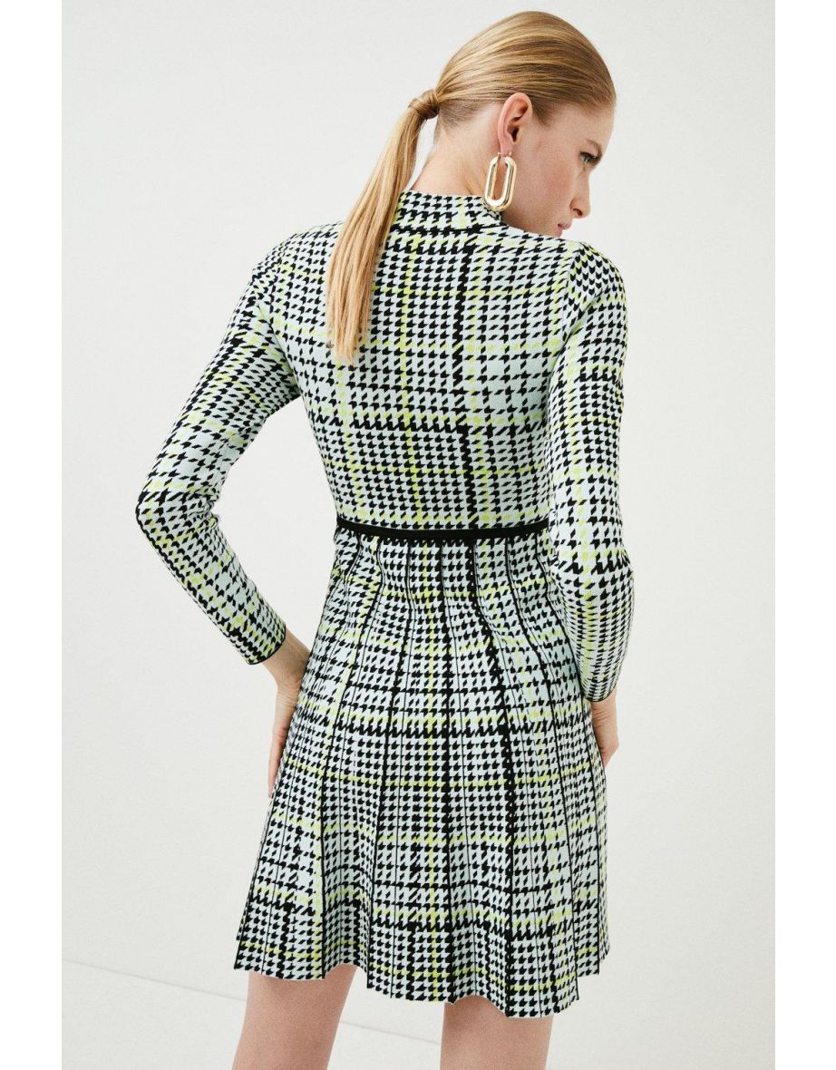 Check Knit Funnel Neck Skater Dress - 2