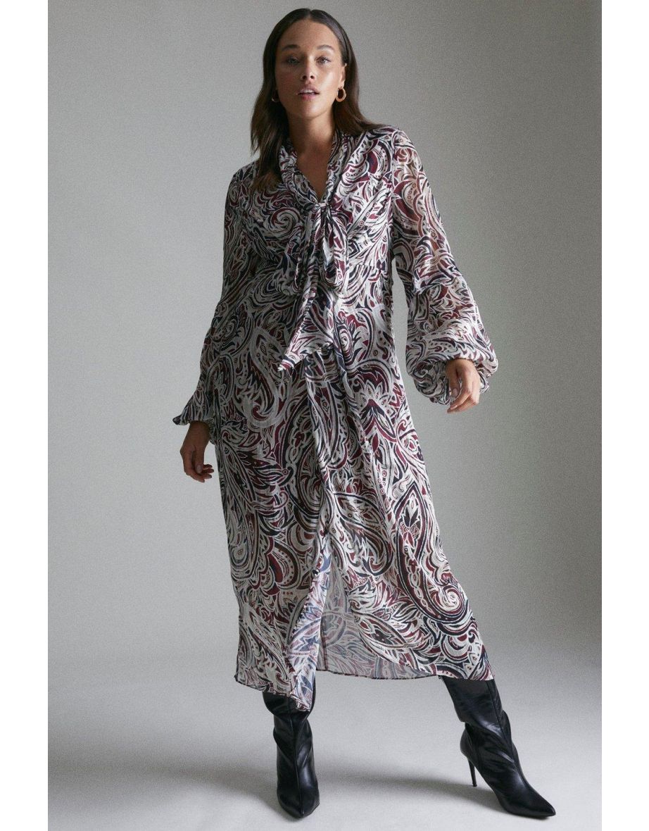 Curve Paisley Drama Sleeve Tie Neck Woven Dress