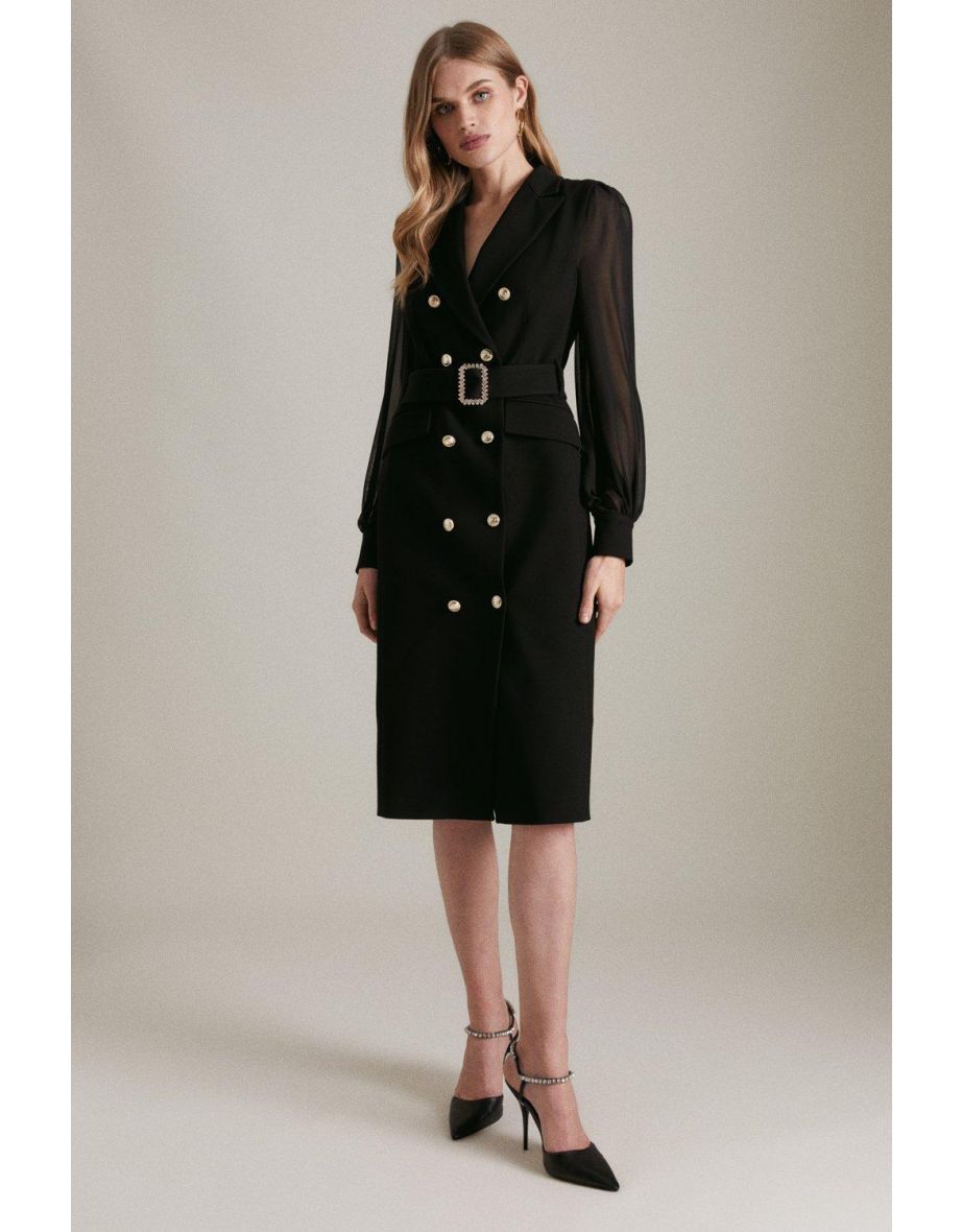 Structured Crepe Sheer Sleeve Pencil Dress