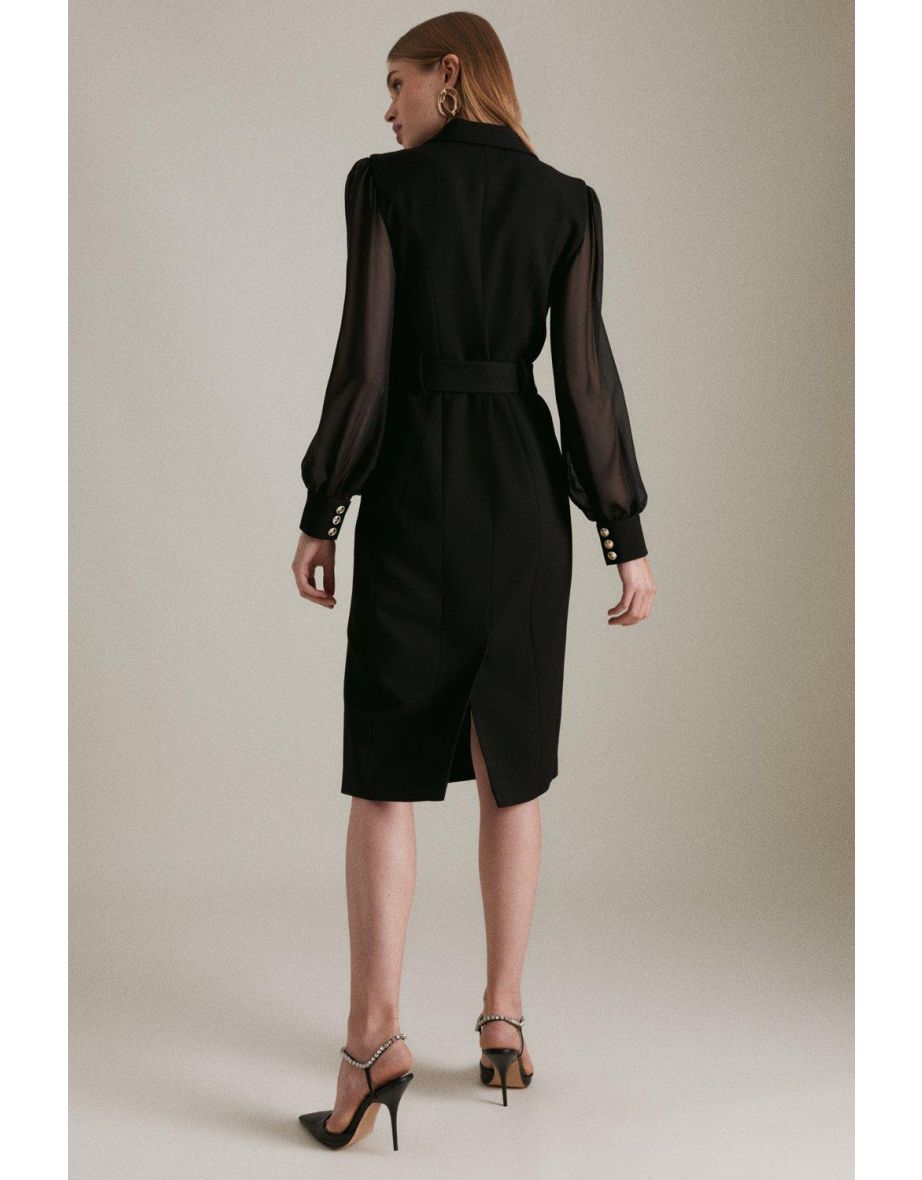Structured Crepe Sheer Sleeve Pencil Dress - 2