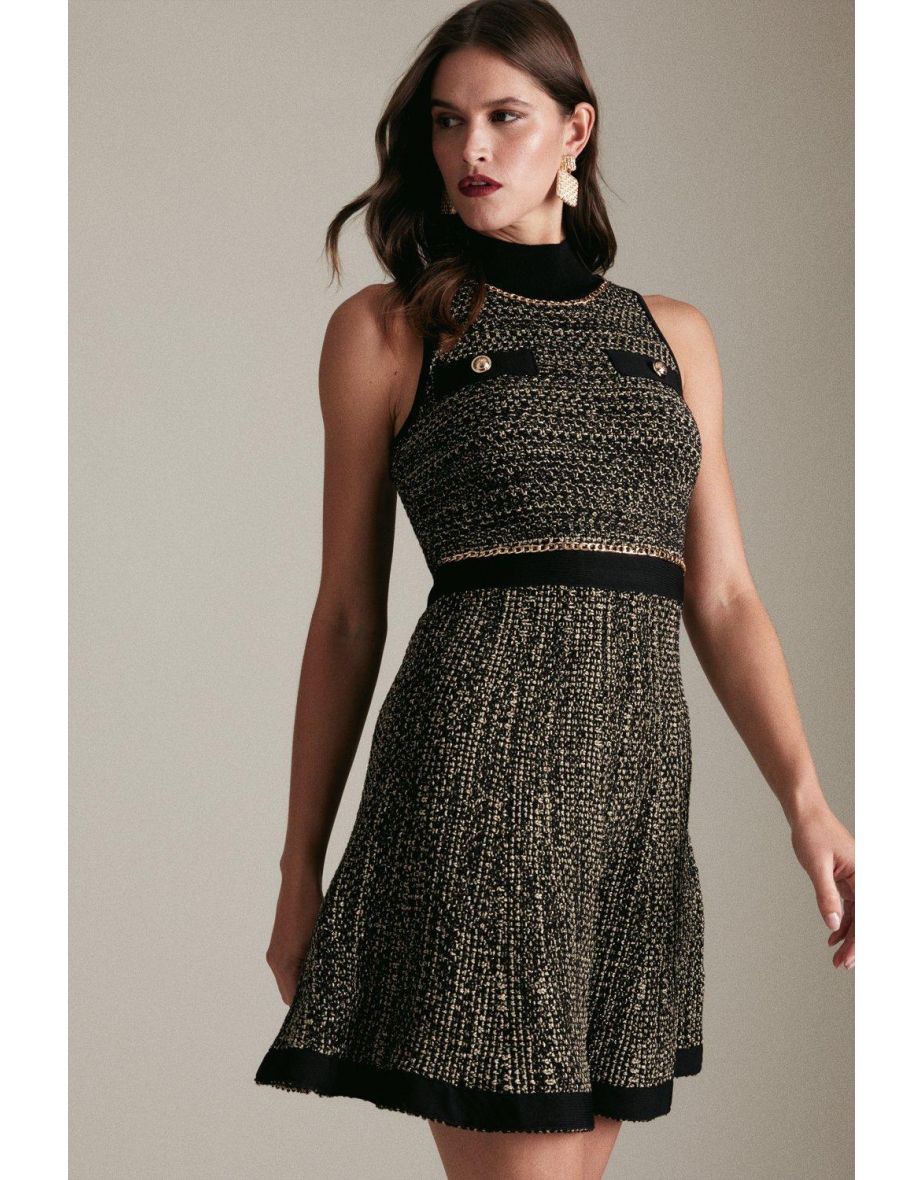 Tweed Knit Chain Detail Skater Dress