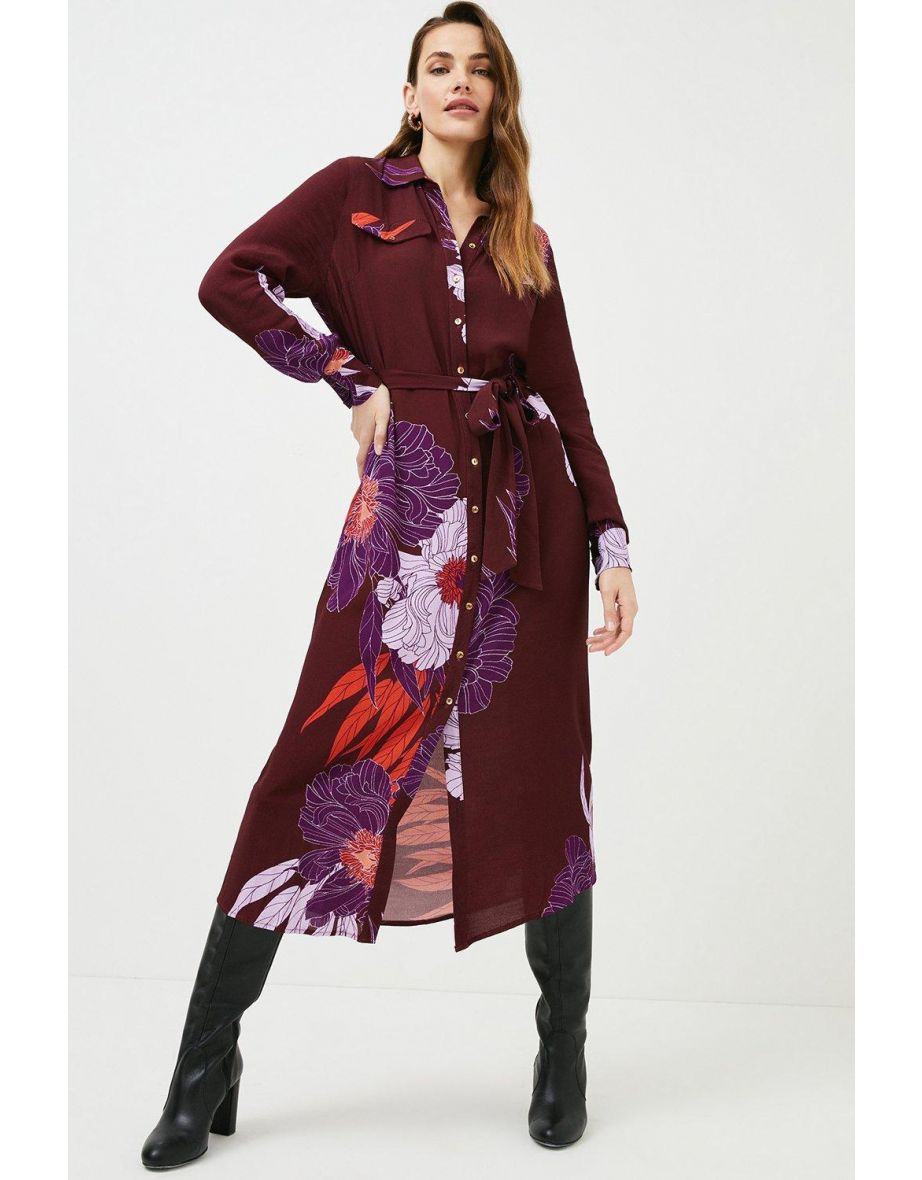 Graphic Floral Print Woven Midi Shirt Dress