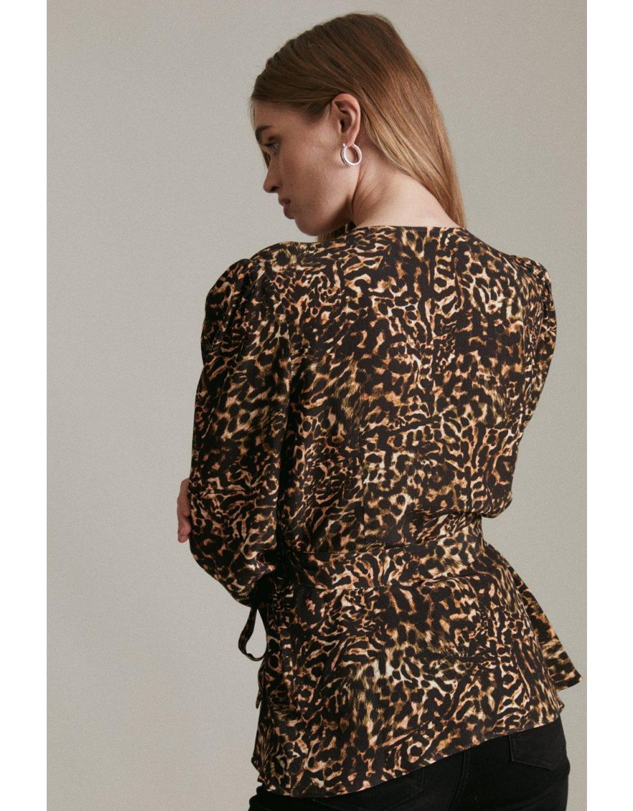 Leopard Print Ls Woven Wrap Top - 2