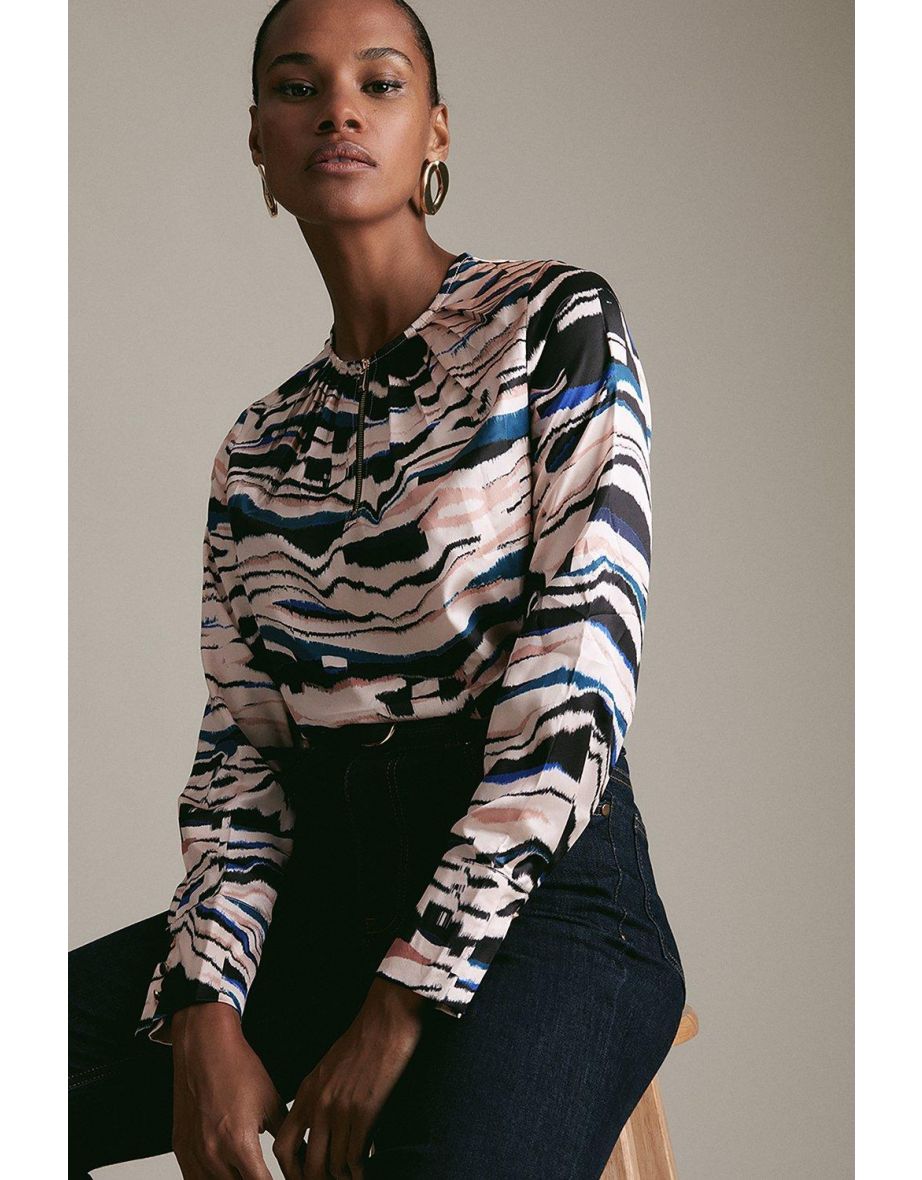 Textured Stripe Zip Front Woven Blouse