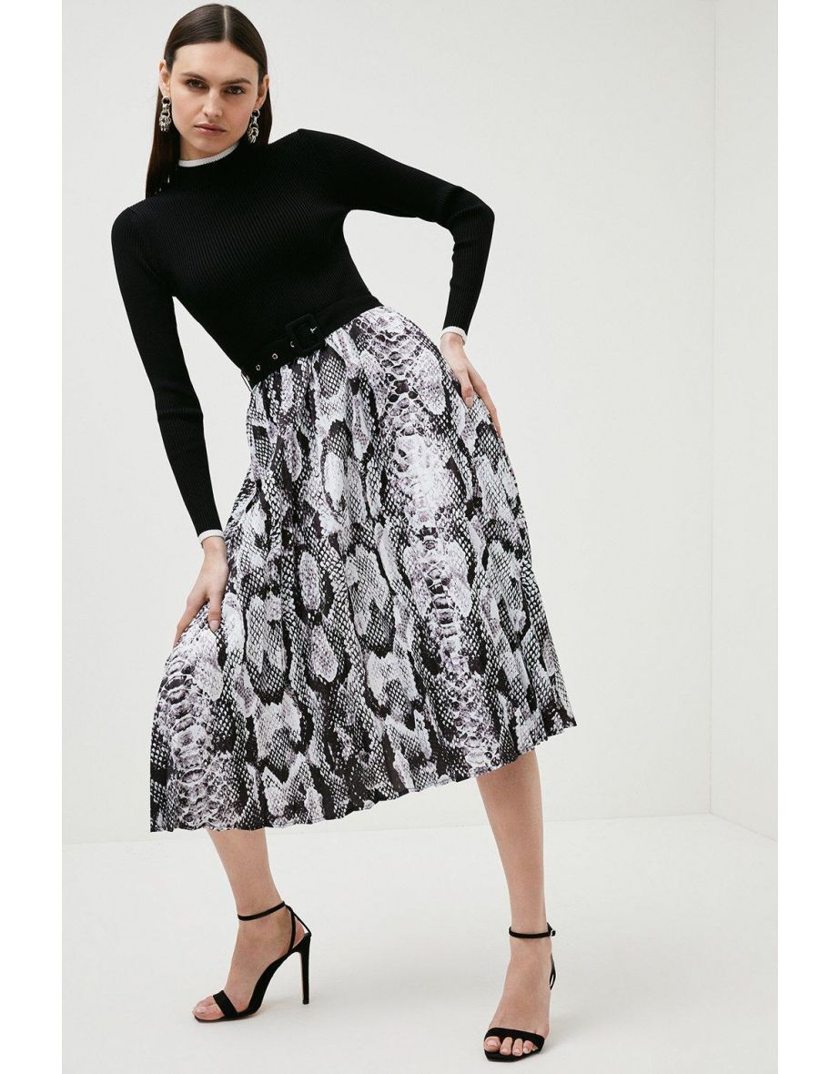 Belted Snake Print Knit Woven Midi Dress
