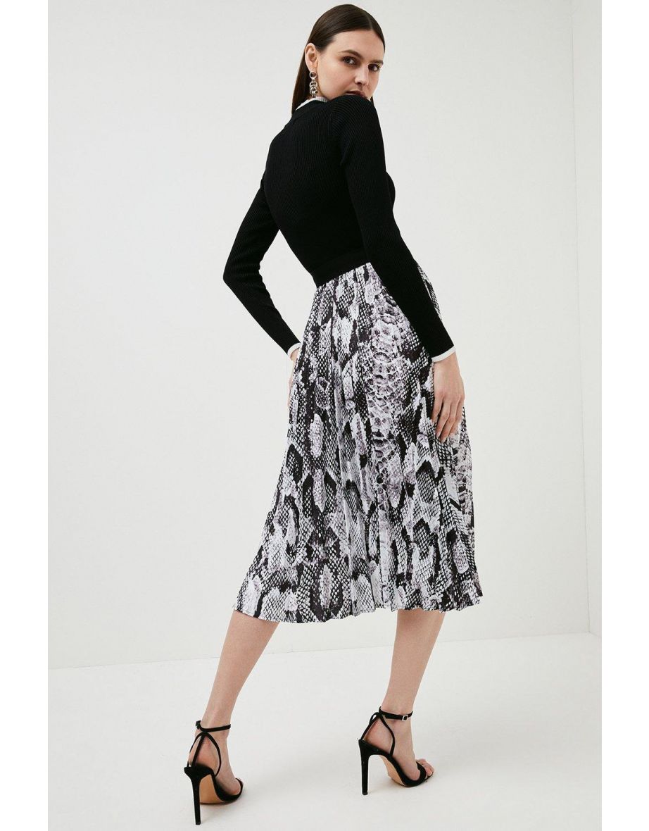 Belted Snake Print Knit Woven Midi Dress - 2