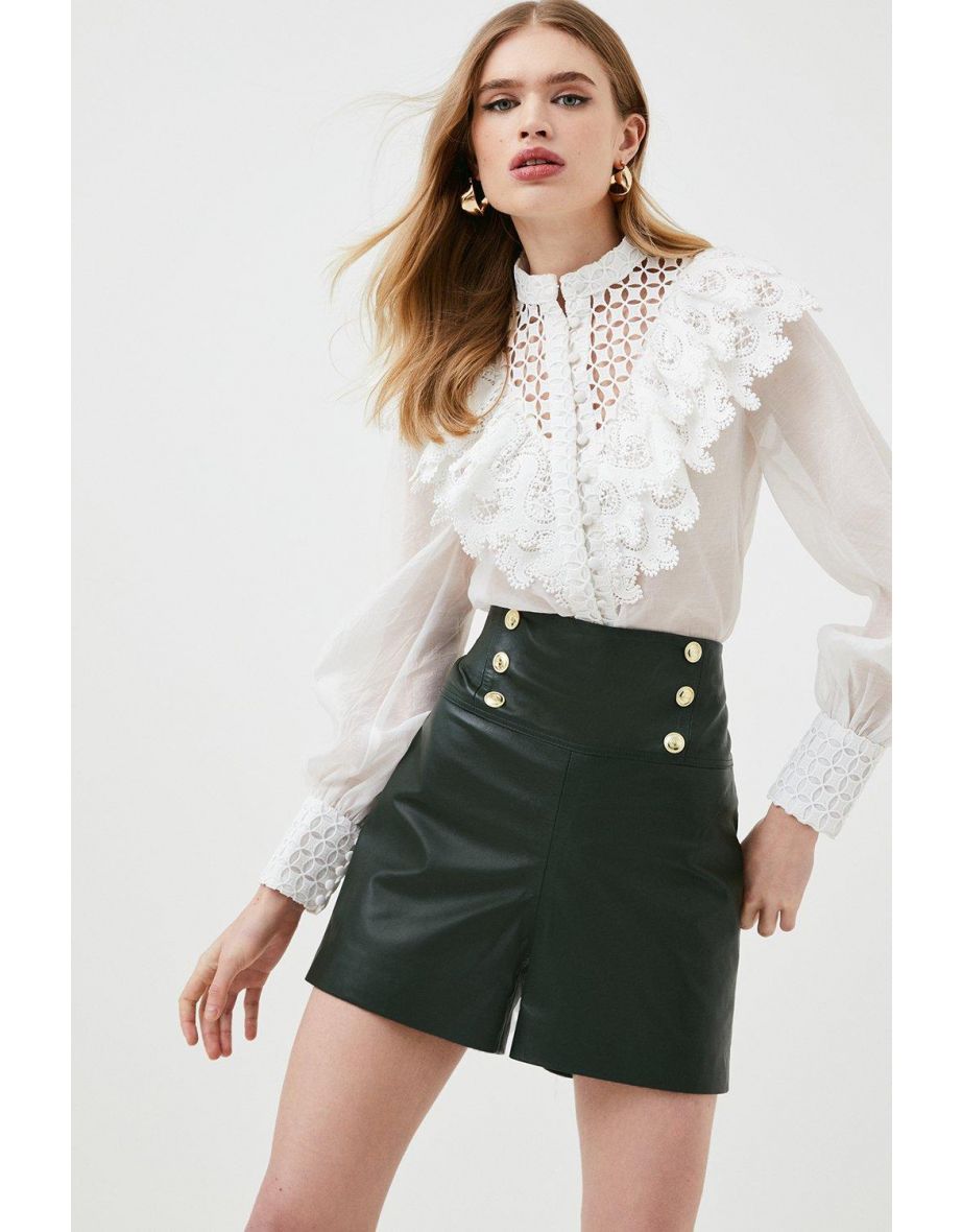 Leather High Waist Military Button Shorts