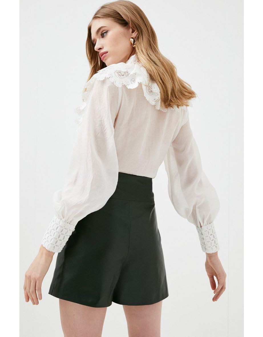Leather High Waist Military Button Shorts - 2