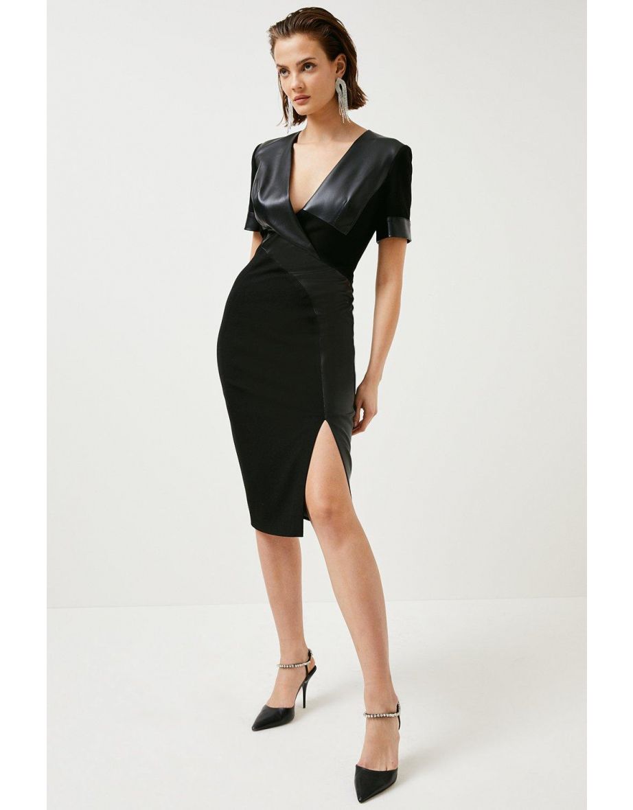 Structured Crepe And Pu Contrast Pencil Dress