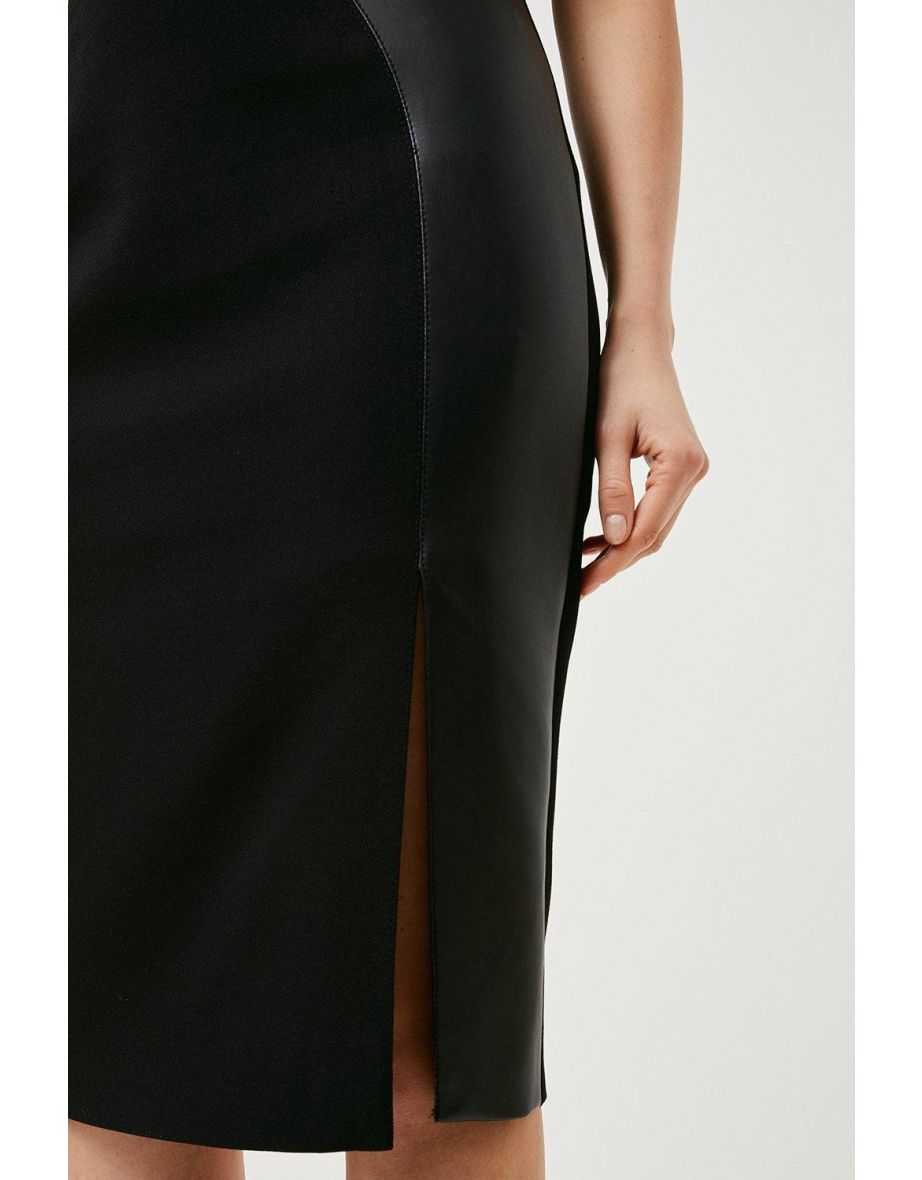 Structured Crepe And Pu Contrast Pencil Dress - 2