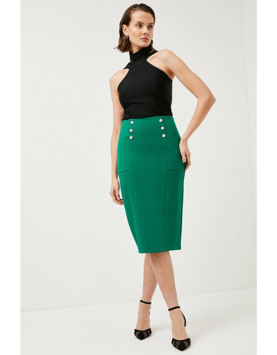 Button Pocket Ponte Midi Skirt