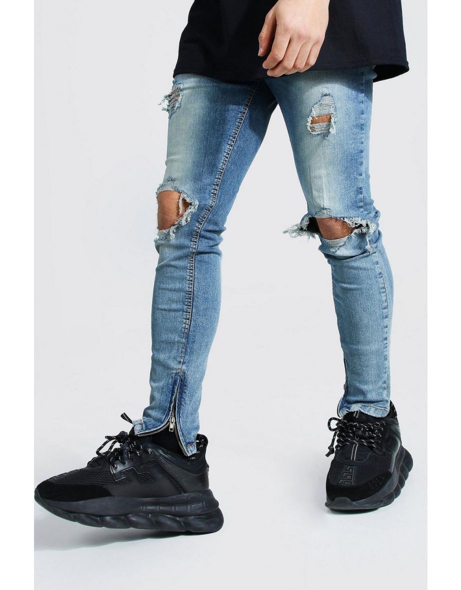 Skinny Stretch Exploded Knee Ripped Jeans - light blue