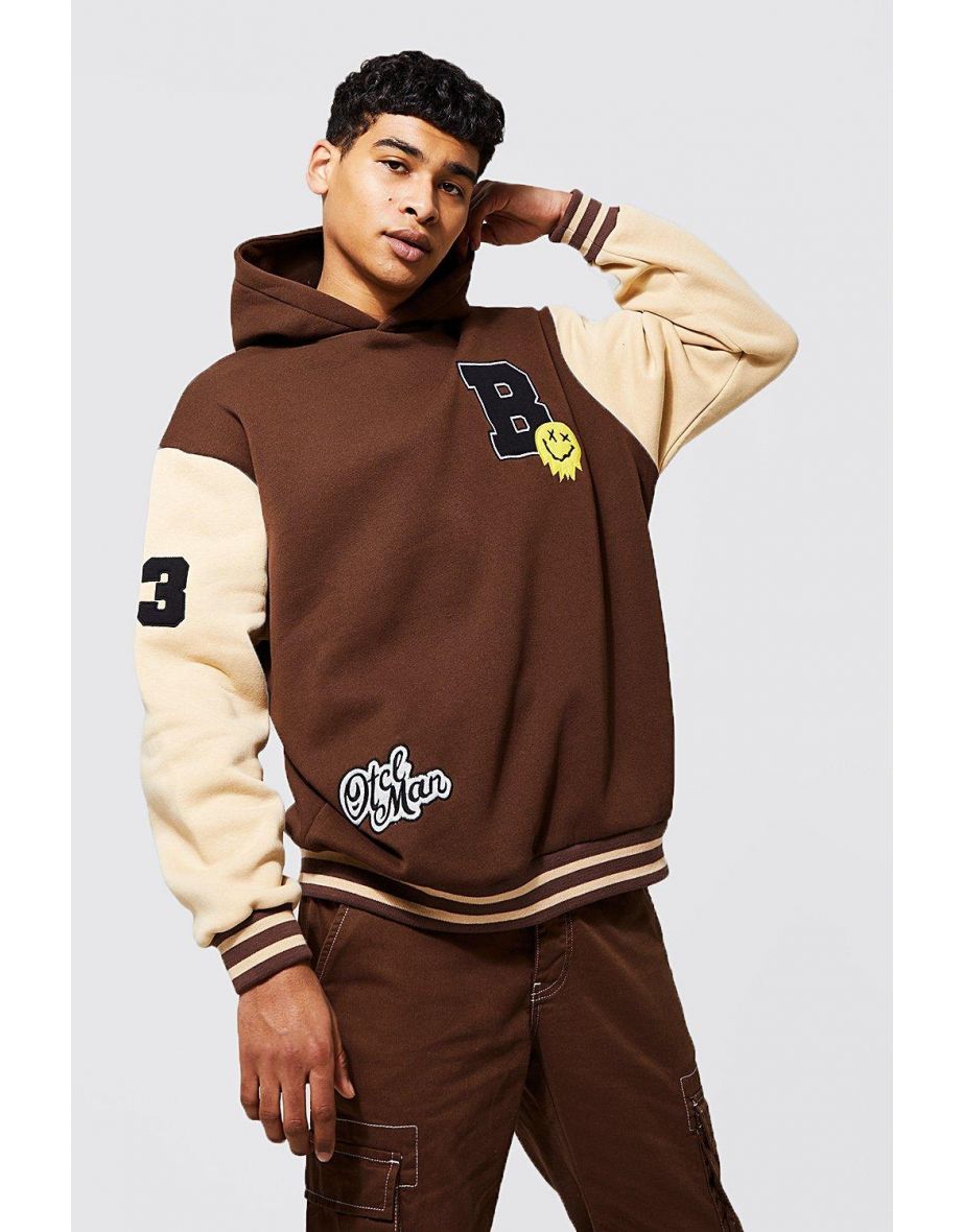 Shop Oversized Contrast Sleeve Badge Hoodie chocolate Online in Qatar VogaCloset