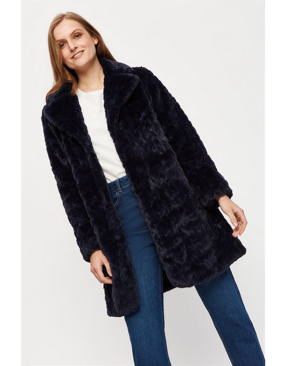 Collar And Revere Long Textured Faux Fur Ripple Coat