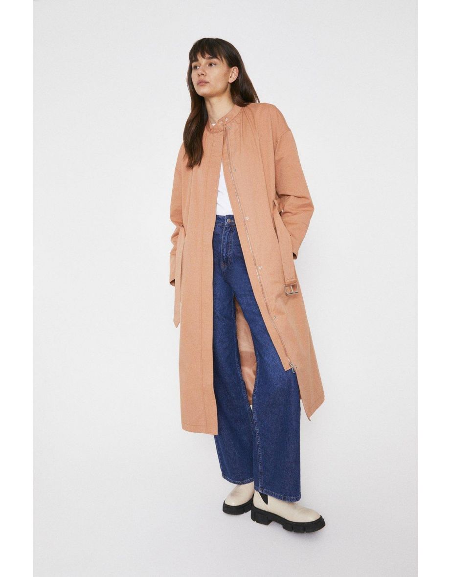 Collarless Belted Cotton Trench