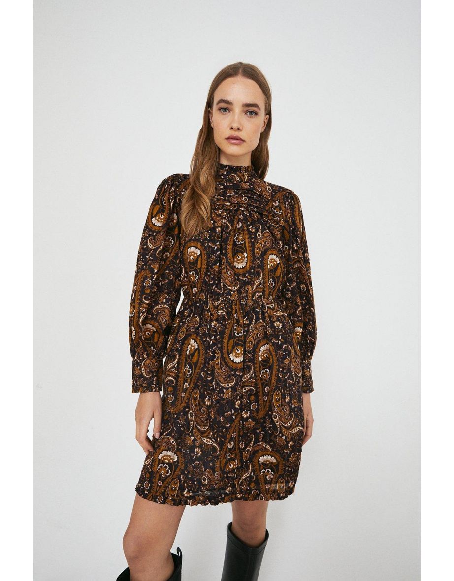 Paisley Pin Tuck & Frill Detail Mini Dress