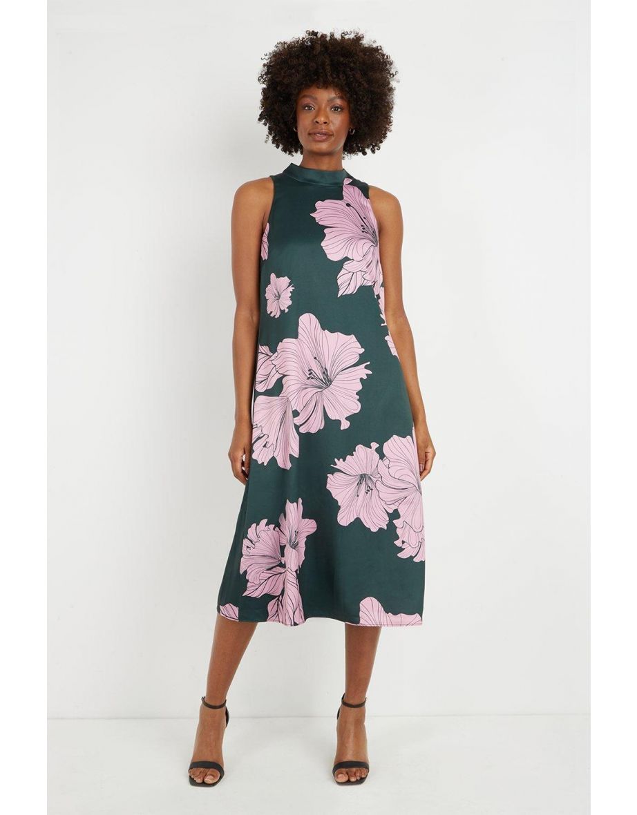 Green & Pink Large Floral Tie Neck Dress