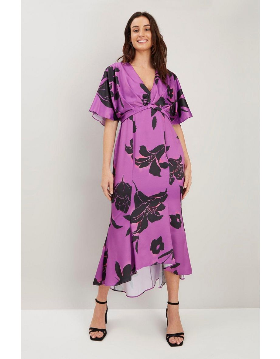 Purple Shadow Floral Knot Front Dress