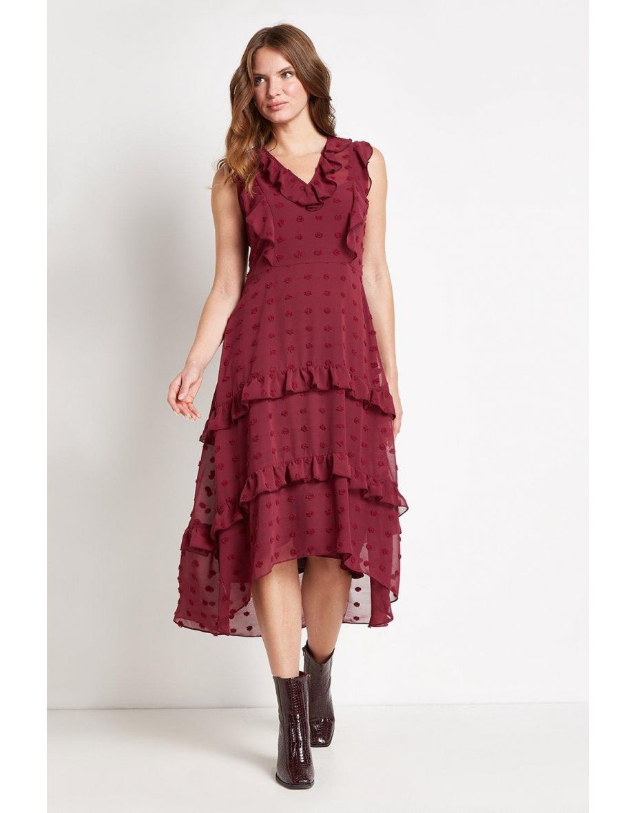 Dobby Spot Ruffle Tiered Dress