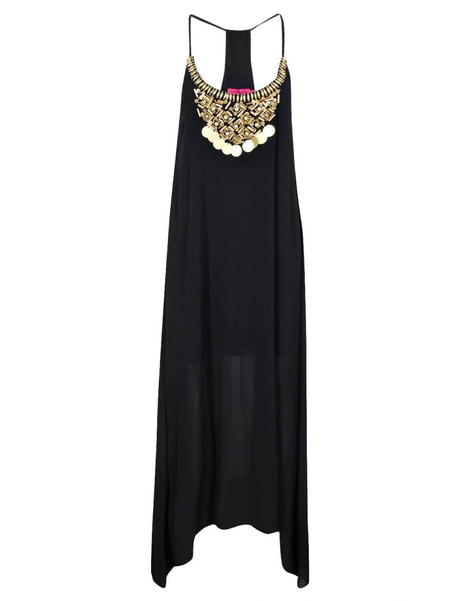 Beaded Necklace Dip Hem Maxi Dress - black - 1