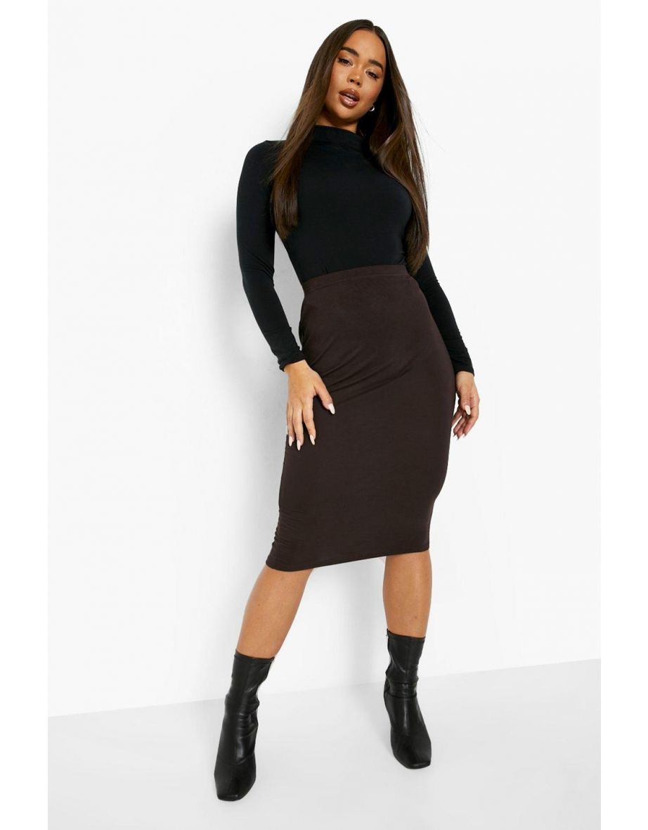 Basic Midi Jersey Tube Skirt - chocolate