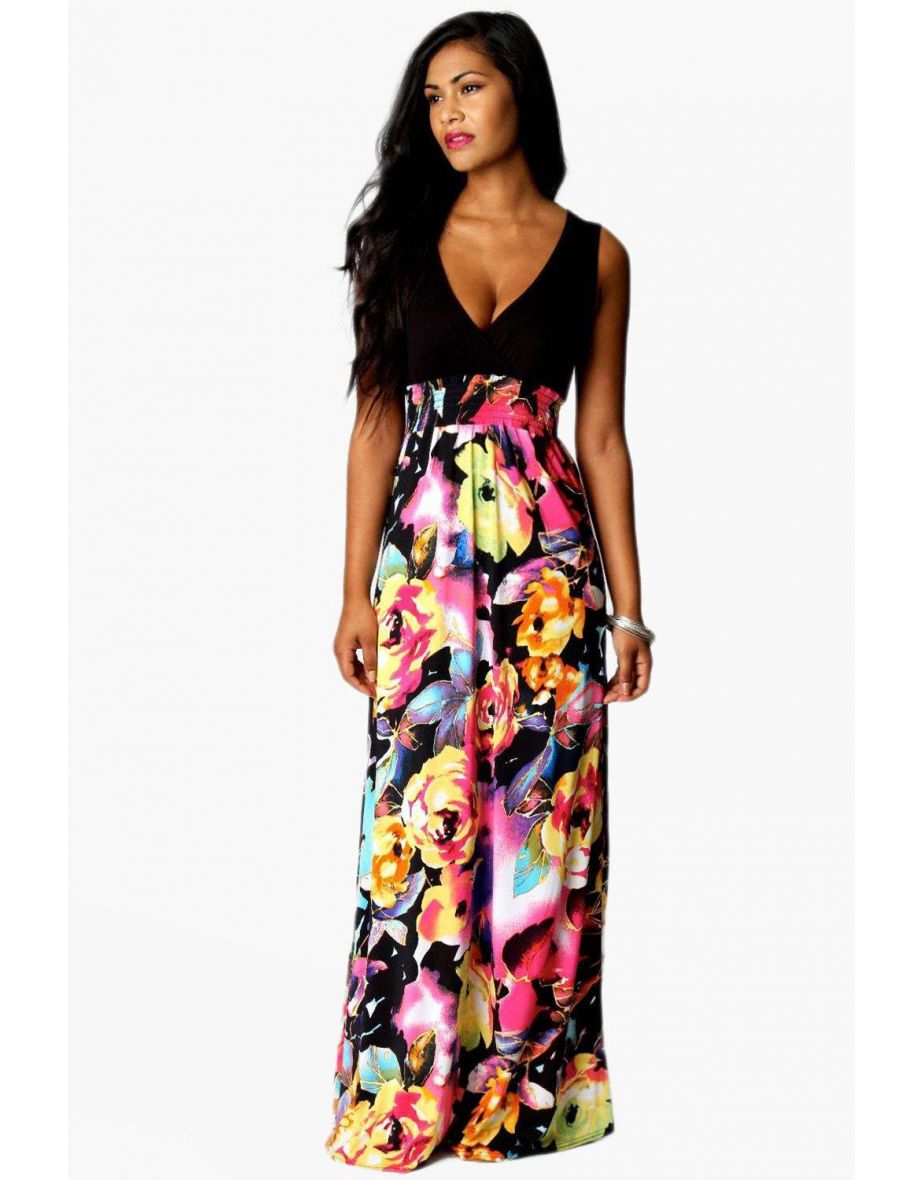 Rose Print Maxi Dress - black