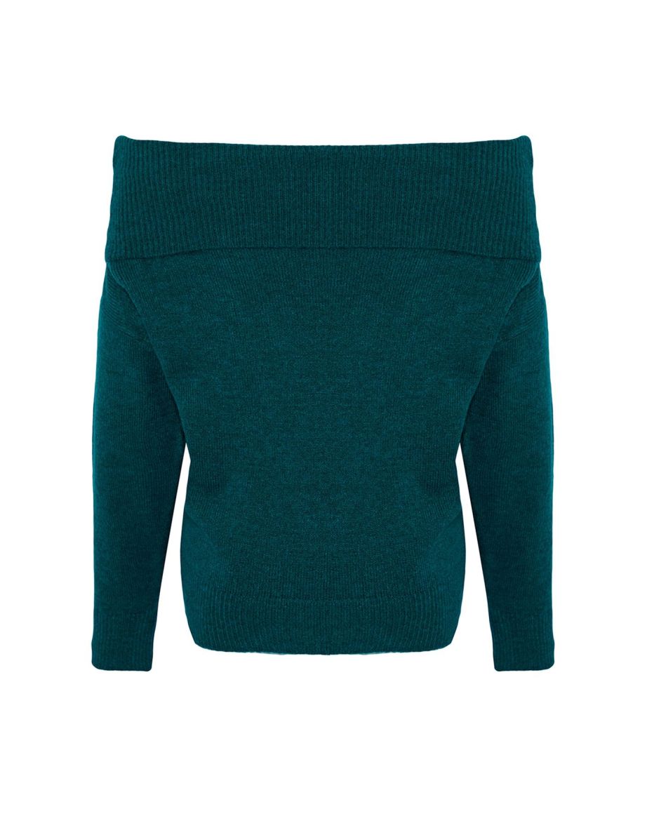 Emerald Green Soft Textured Carmen Collar Knitwear Sweater - 6