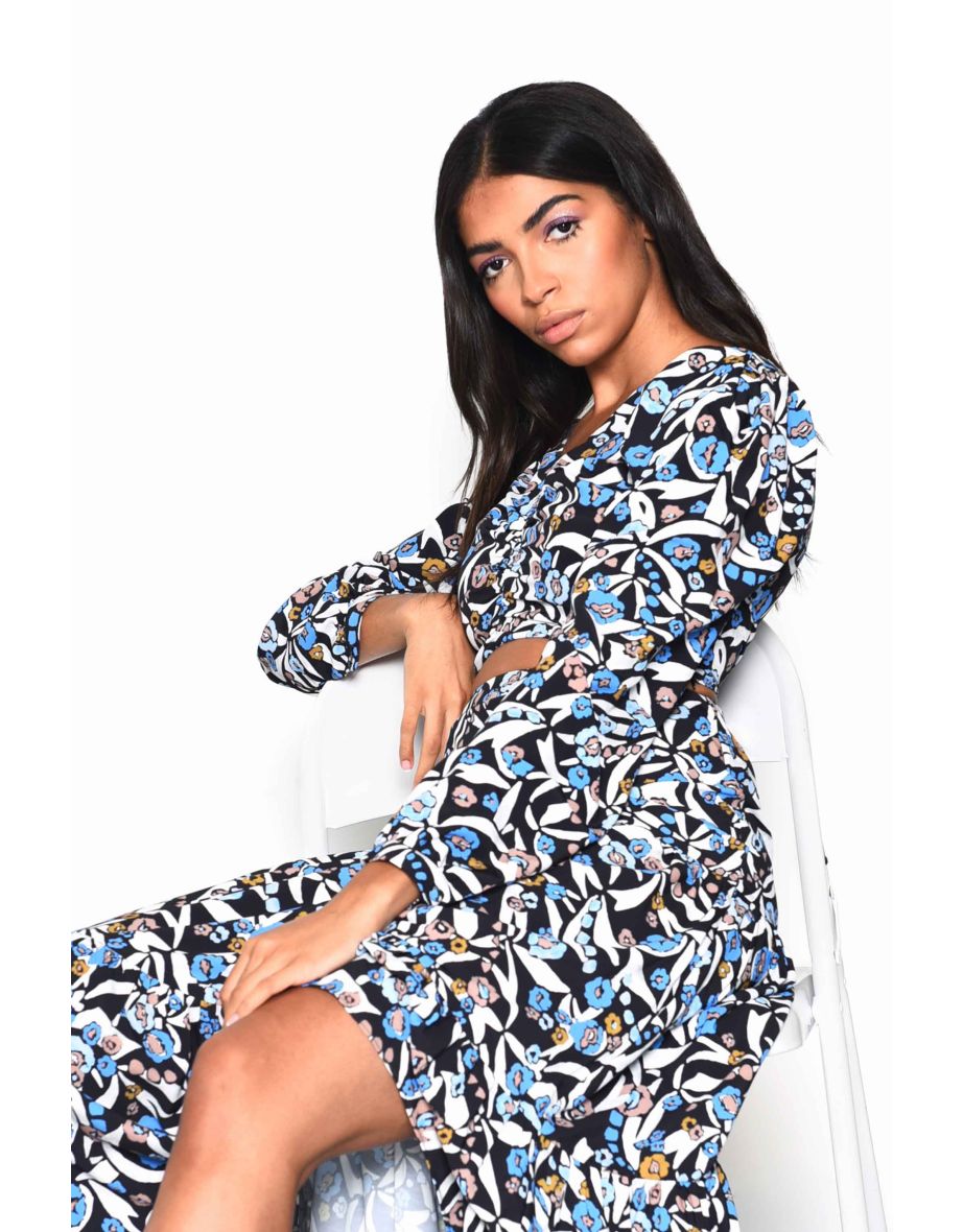 Multi Abstract V-Neck Gathered Crop-Top - 2