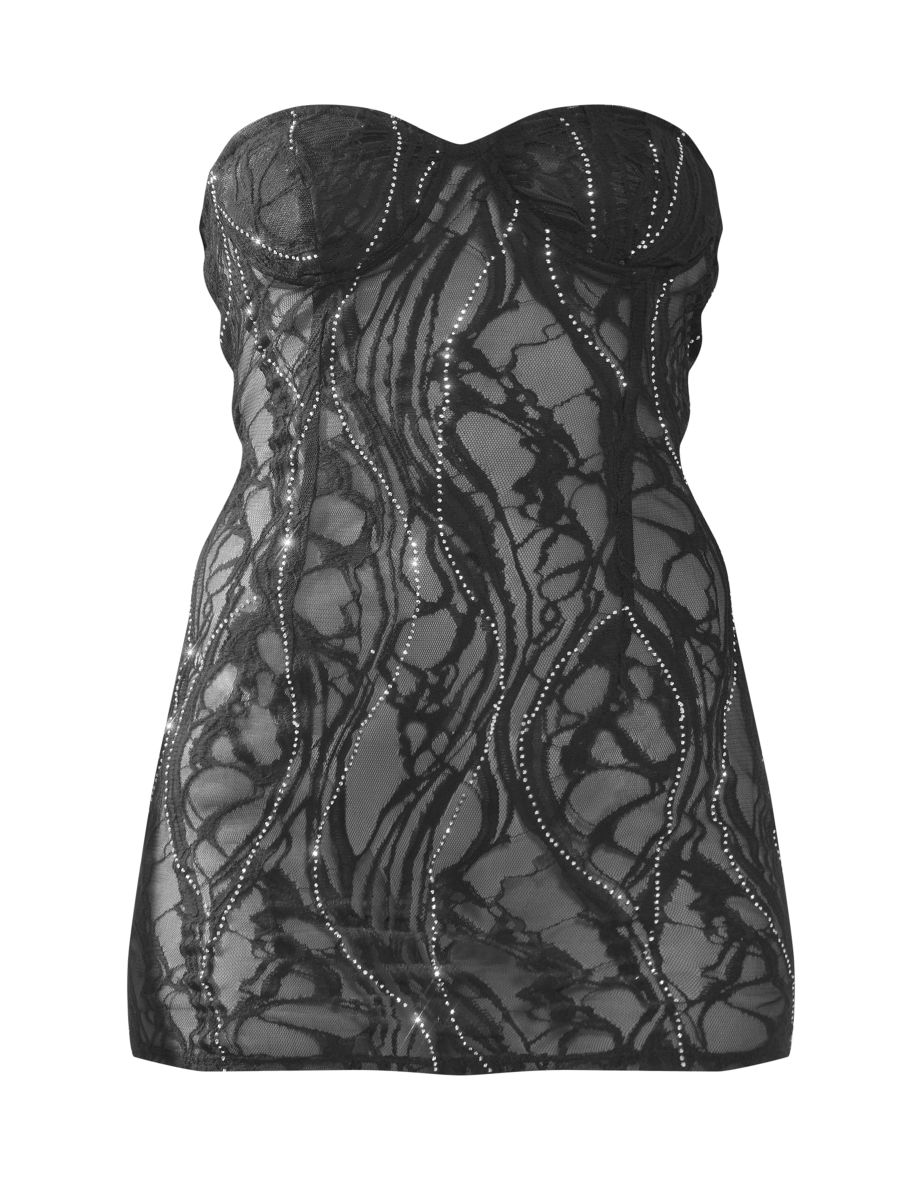 Black Lace Diamante Bandeau Bodycon Dress - 4