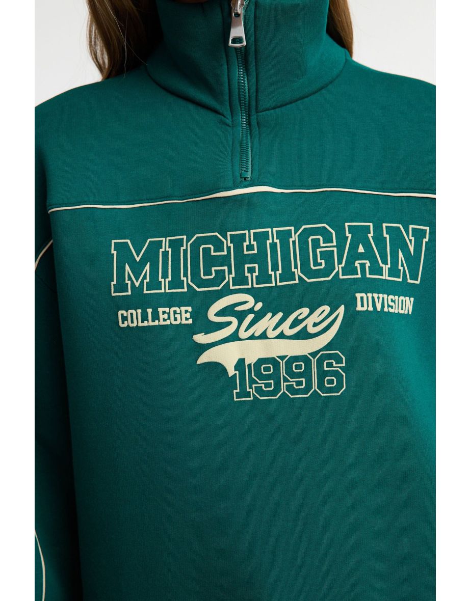Emerald Green Zippered Printed Oversize Thick Inside Fleece Knitted Sweatshirt - 4