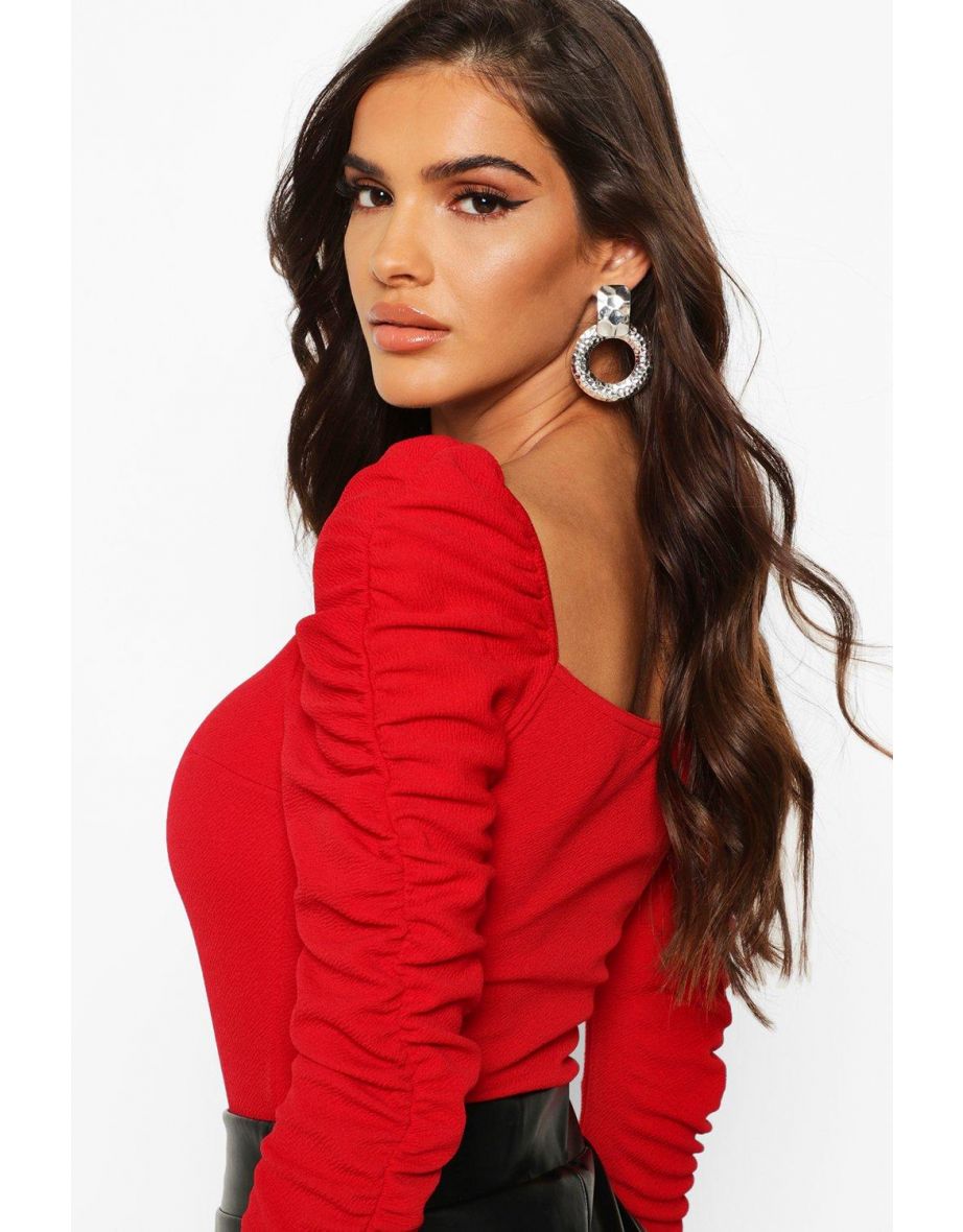 Crepe Square Neck Ruched Sleeve Top - red - 3