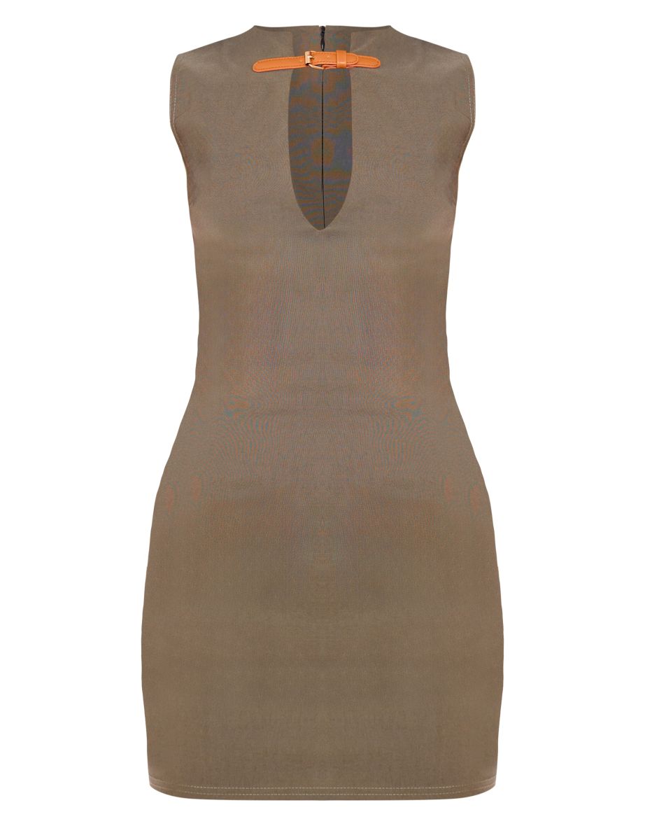 Dark Khaki Stretch Woven Keyhole Belted Bodycon Dress - 4