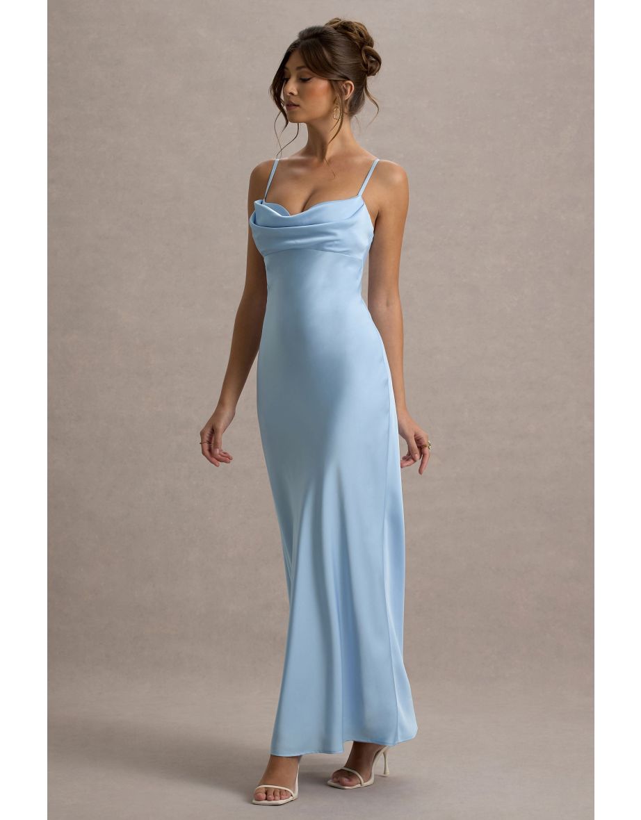 Eimear | Powder Blue Satin Draped Sweetheart Maxi Dress - 5
