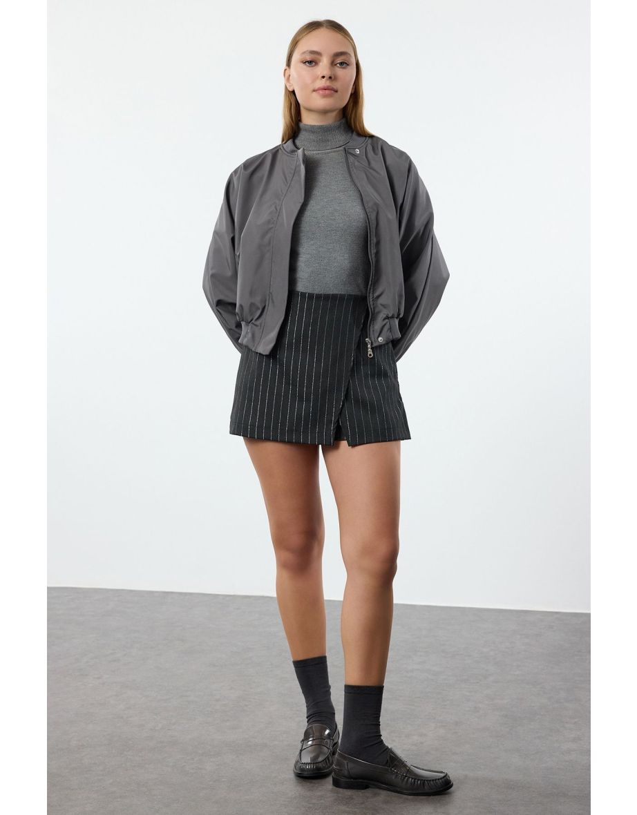 Black Glitter Striped Woven Shorts Skirt