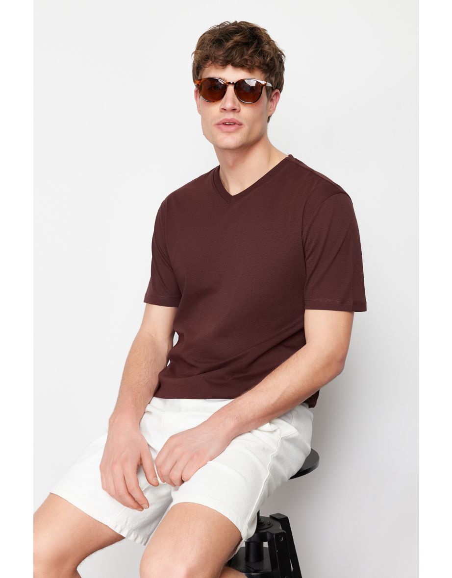 Brown Men's Slim/Narrow Cut V-Neck 100% Cotton Basic T-Shirt