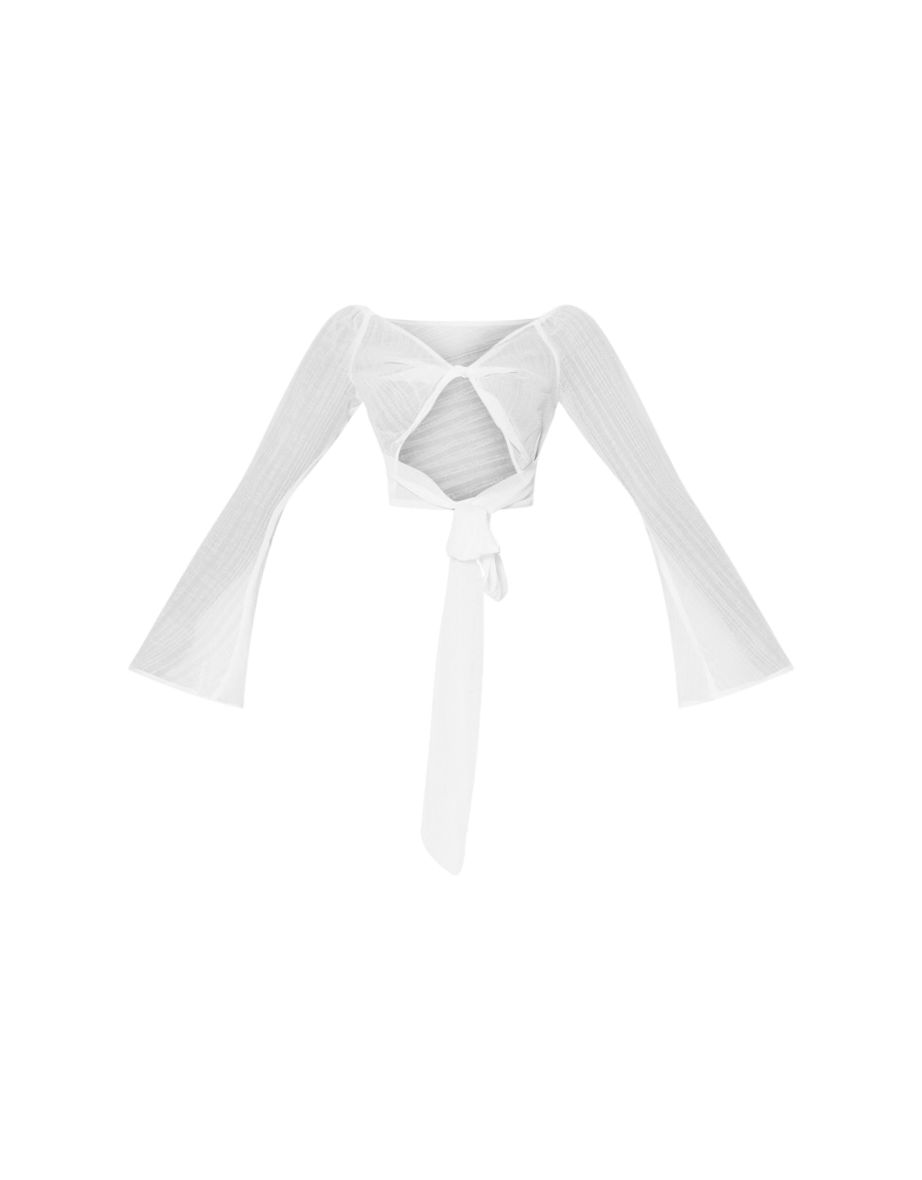 White Textured Chiffon Striped Twist Front Waist Tie Flare Sleeve Shirt - 4