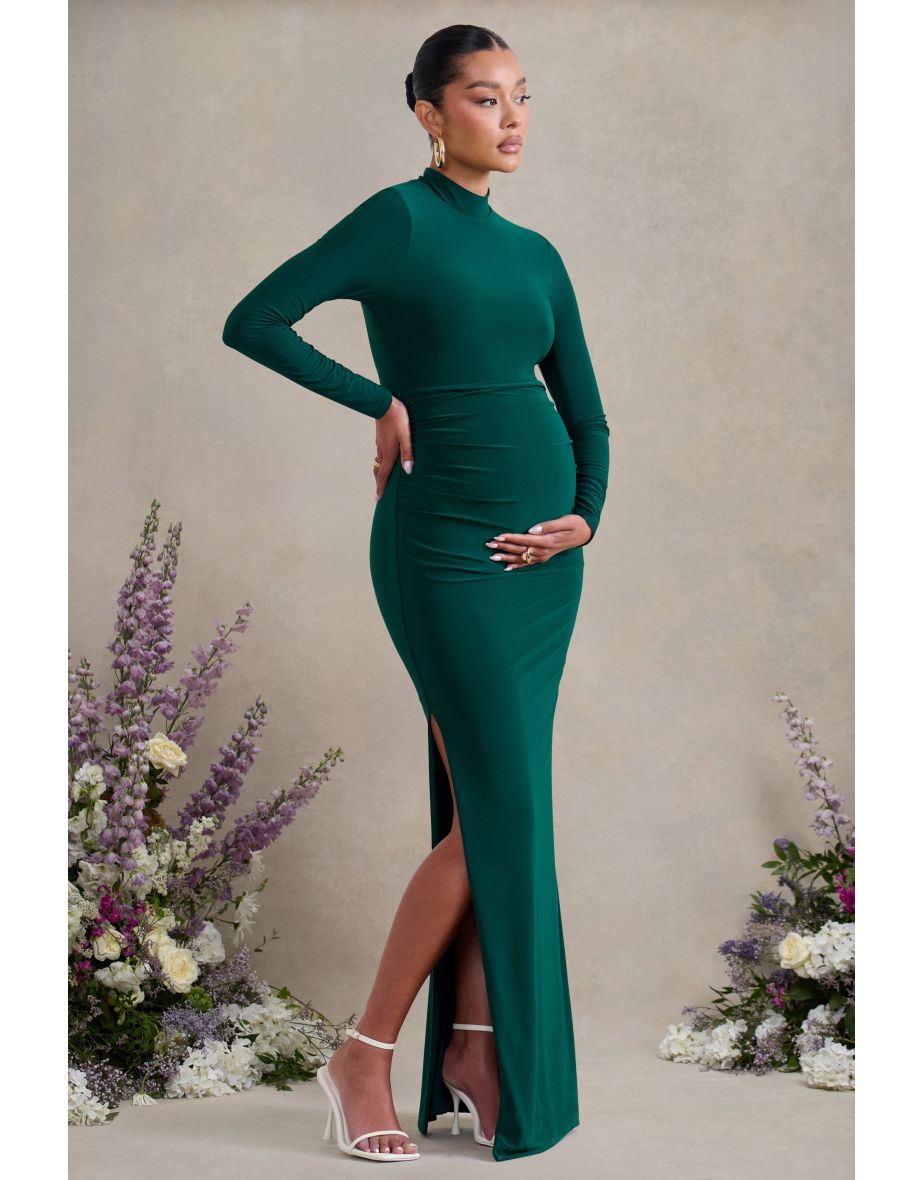 Alejandra | Green Maternity Long Sleeve High Neck Maxi Dress - 5