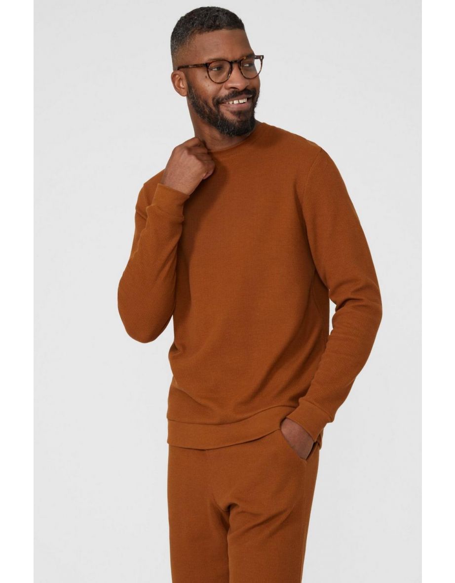 Cotton Waffle Crew Neck Loungewear Sweat - camel
