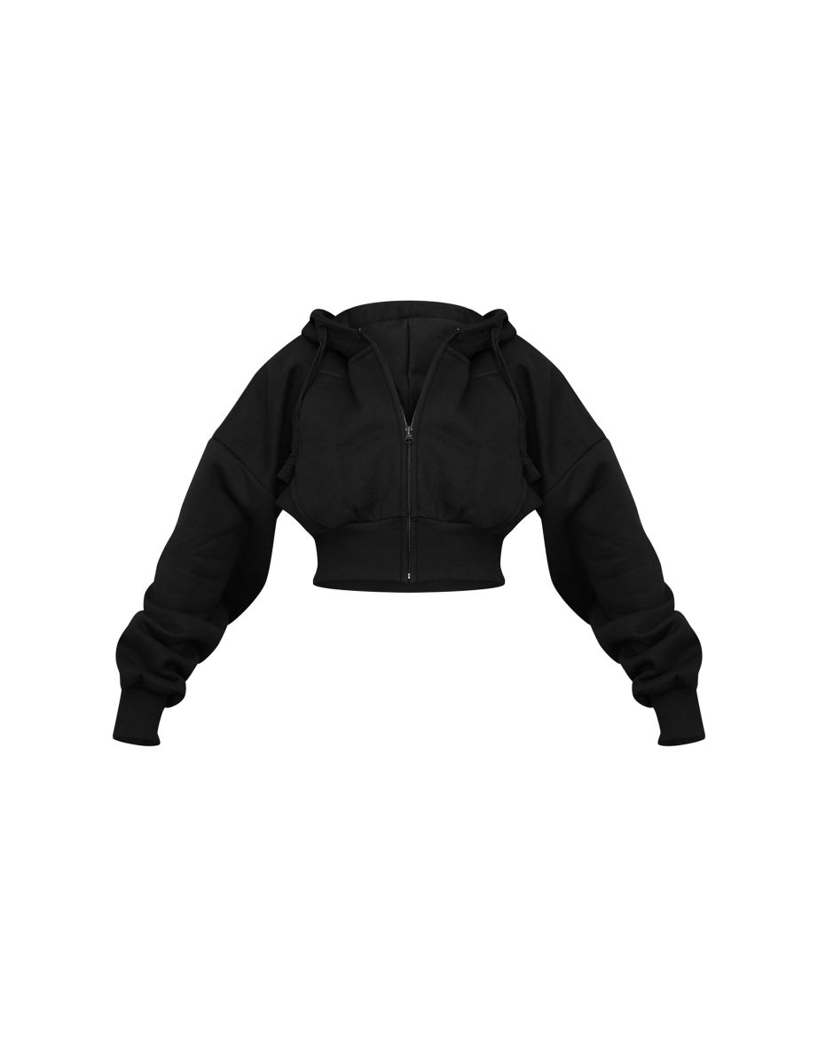 Black Zip Up Pocket Detail Cropped Hoodie - 4