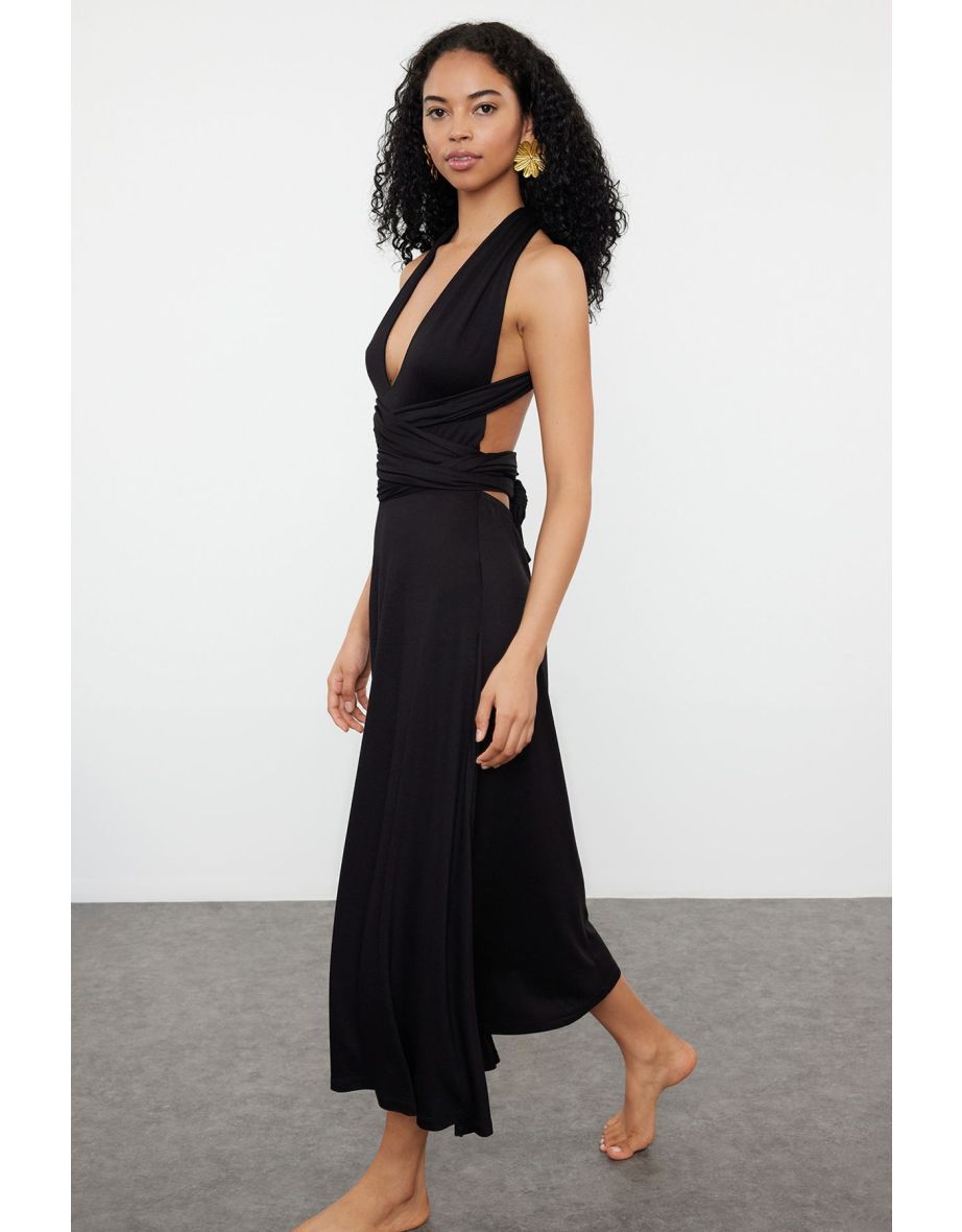 Black Plain Regular Midi Knitted 97% Viscose,3% Elastane Dress
