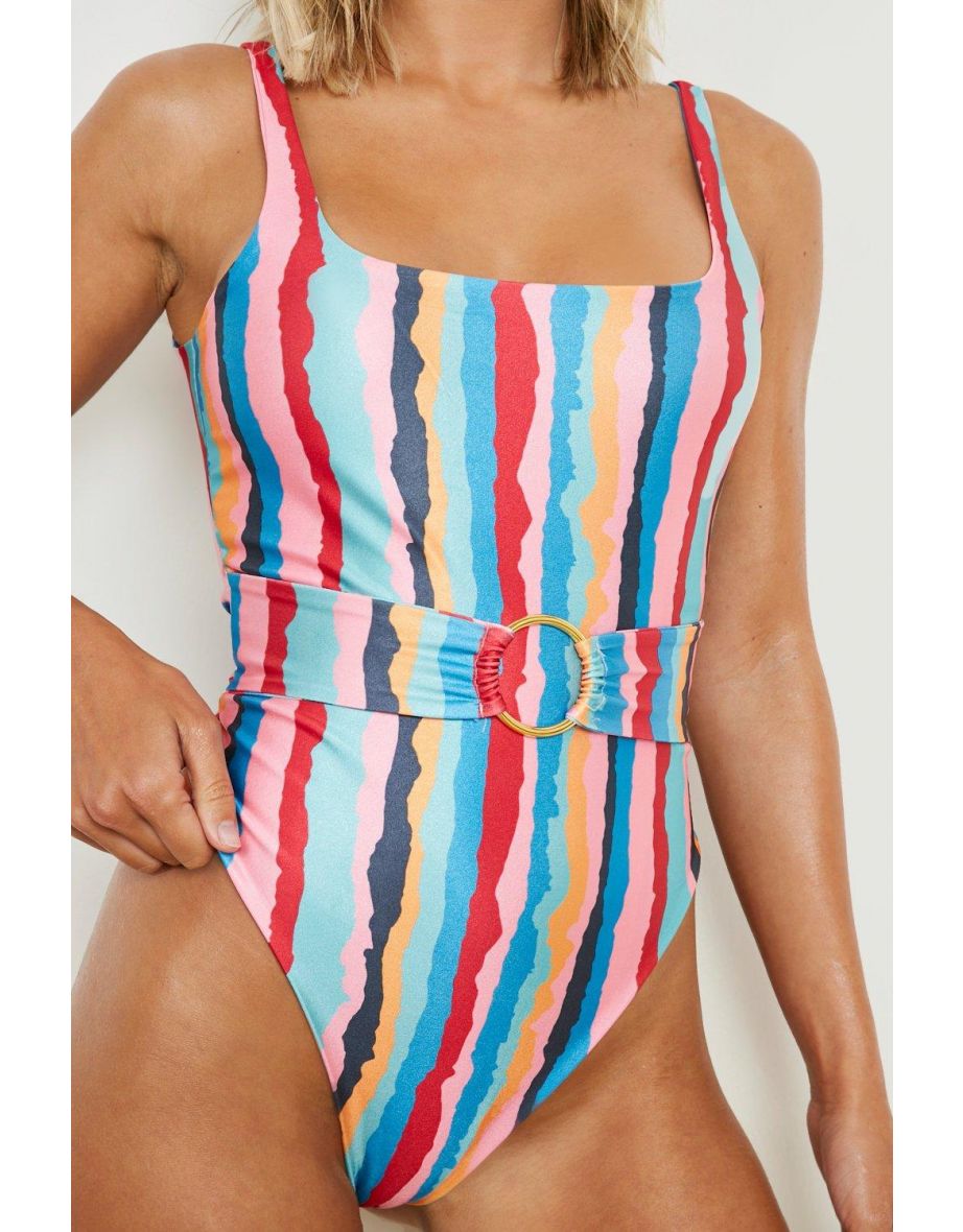 Abstract Stripe Scoop O Ring Belted Swimsuit - blue - 2