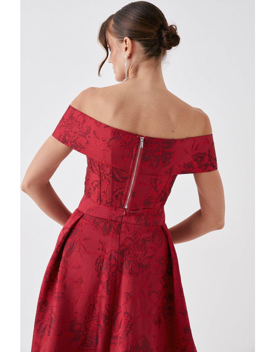 Debut London Floral Jacquard Bardot Crop Top - red - 3