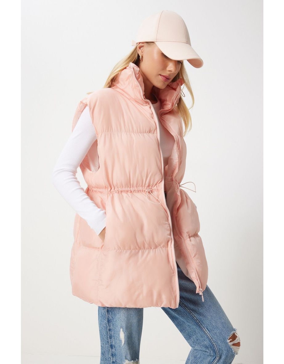 Women's Pink Waist Drawstring Puffer Vest