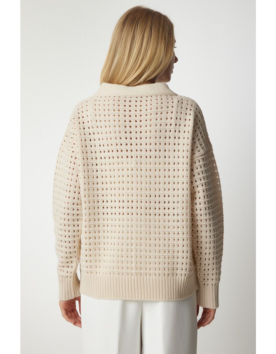 Women's Cream Collar Lace-Up, Openwork Knitwear Sweater - 5