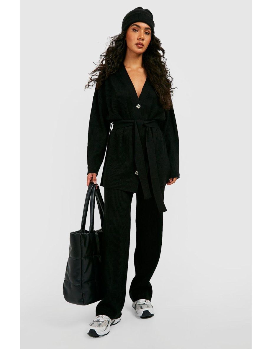 Knitted Cardigan & Wide Leg Trouser Co-ord - black - 3