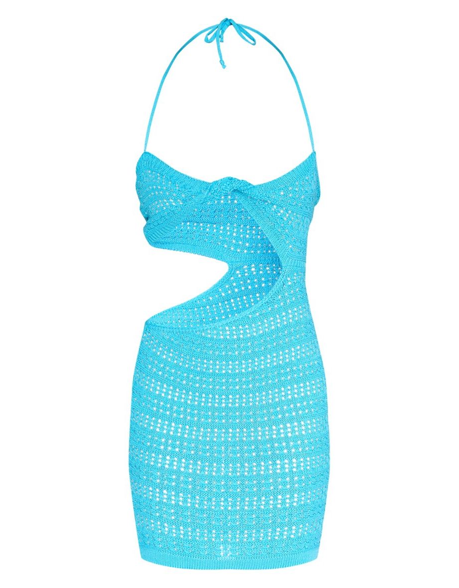 Bright Blue Front Twist Cut Out Crochet Dress - 4